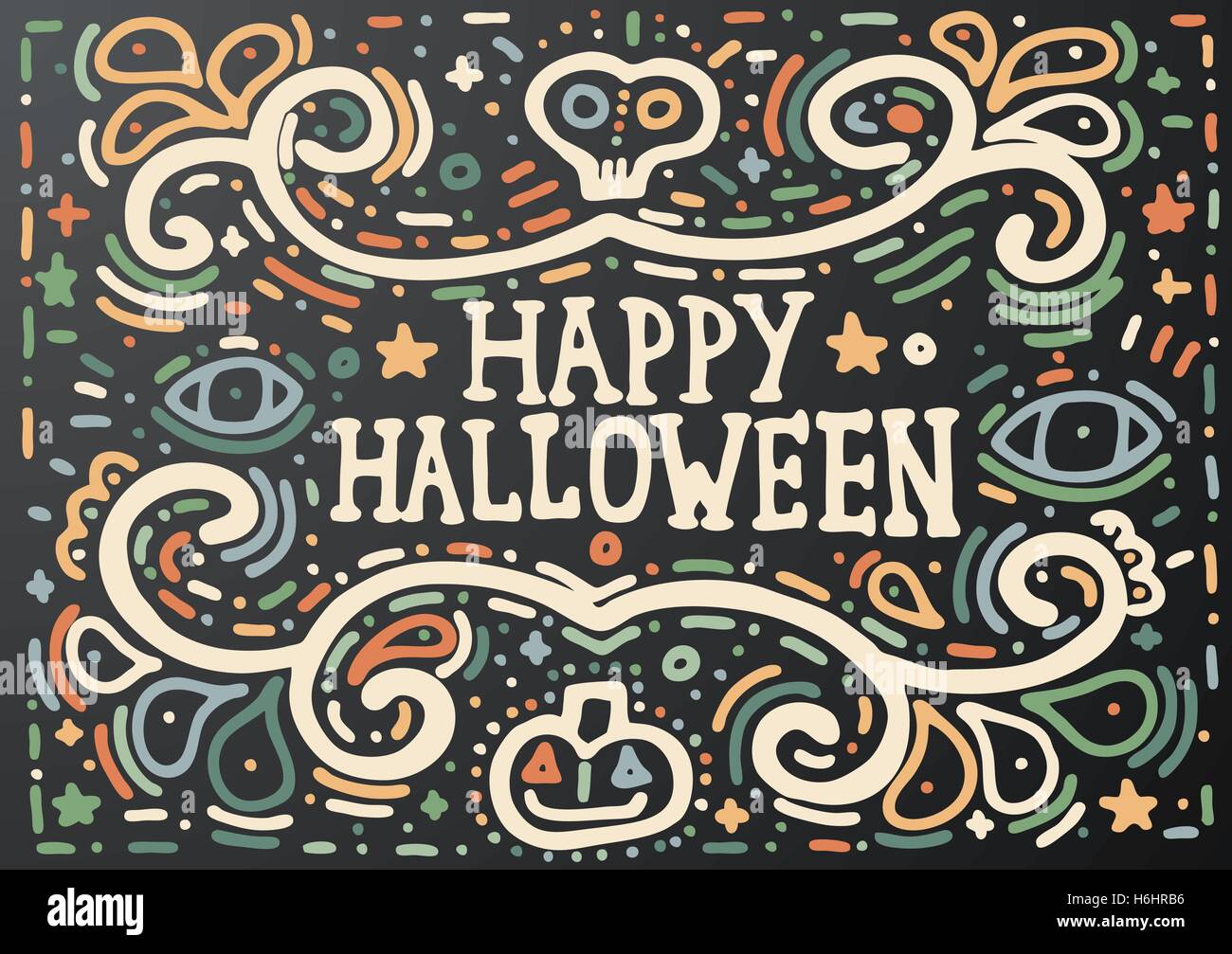 Happy Halloween le lettrage. Hand Drawn Vintage Print avec ornement bouclés. Vintage Background. Isolé sur le noir. Illustration de Vecteur