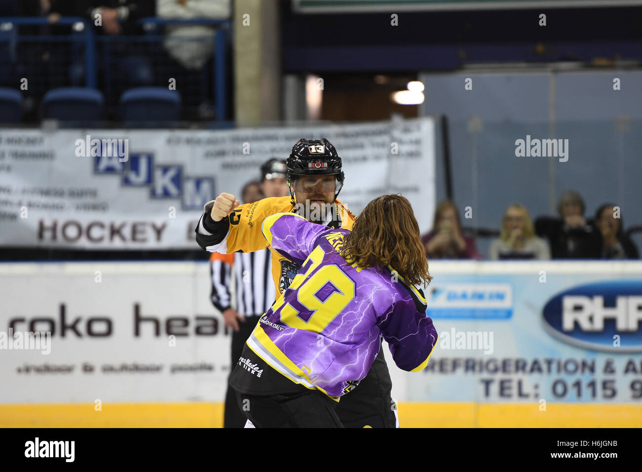 Brian Mcgrattan se bat Eric Neilson au cours de la Nottingham Panthers v Manchester Storm EIHL se rencontreront. Banque D'Images