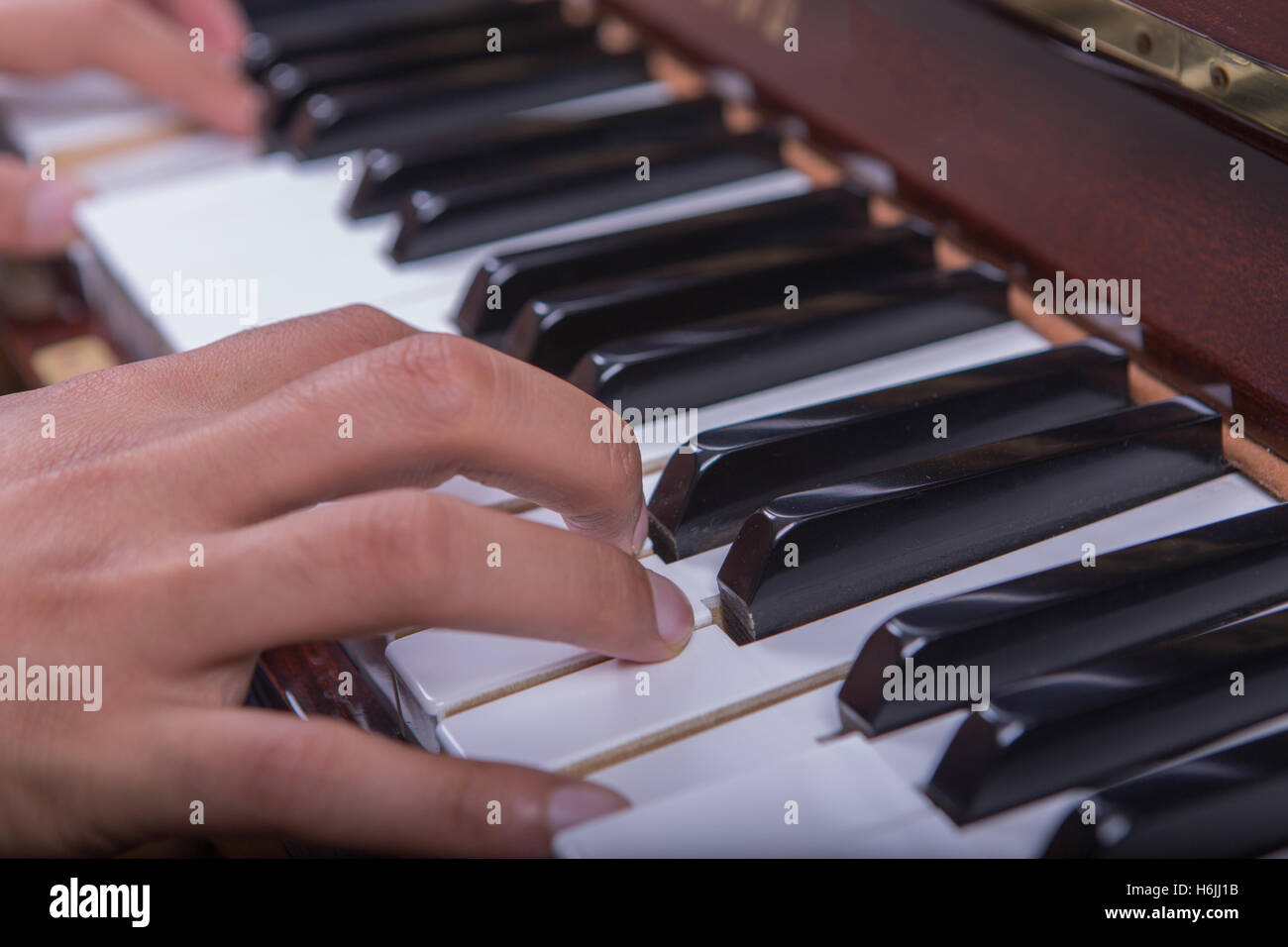 L'homme joue du piano avec les deux mains side view close up cheveux visibles une part blur Banque D'Images