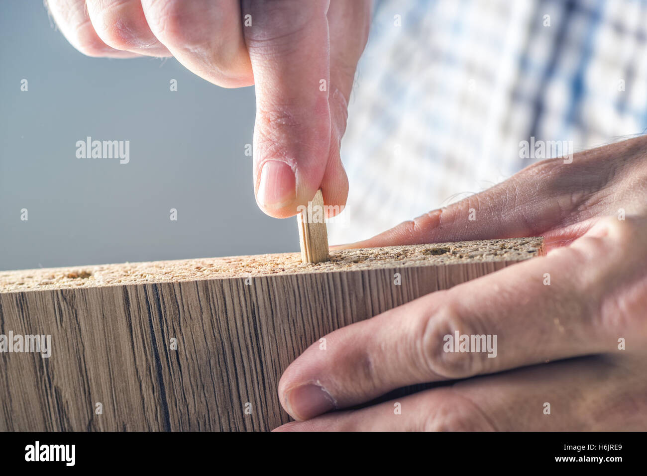 Homme montage de meubles à domicile, homme part avec chevilles en bois et contreplaqué Banque D'Images