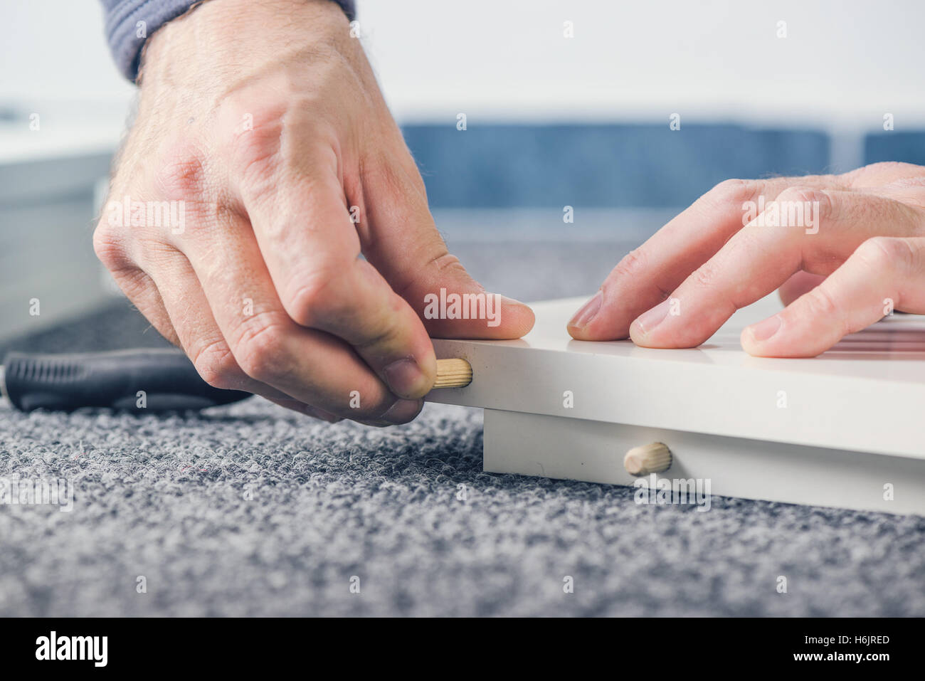 Homme montage de meubles à domicile, homme part avec chevilles en bois et contreplaqué Banque D'Images
