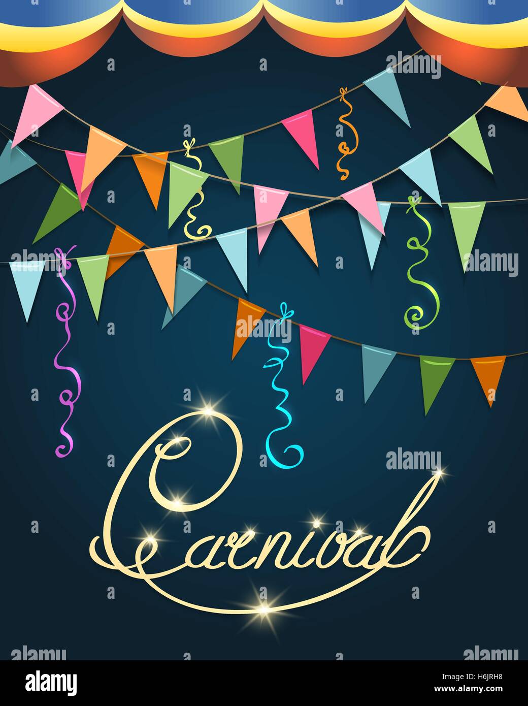 Calligraphie carnaval Affiche colorée. Inscription manuscrite de fête avec des étoiles, drapeaux et serpentine. Vector illustration Illustration de Vecteur