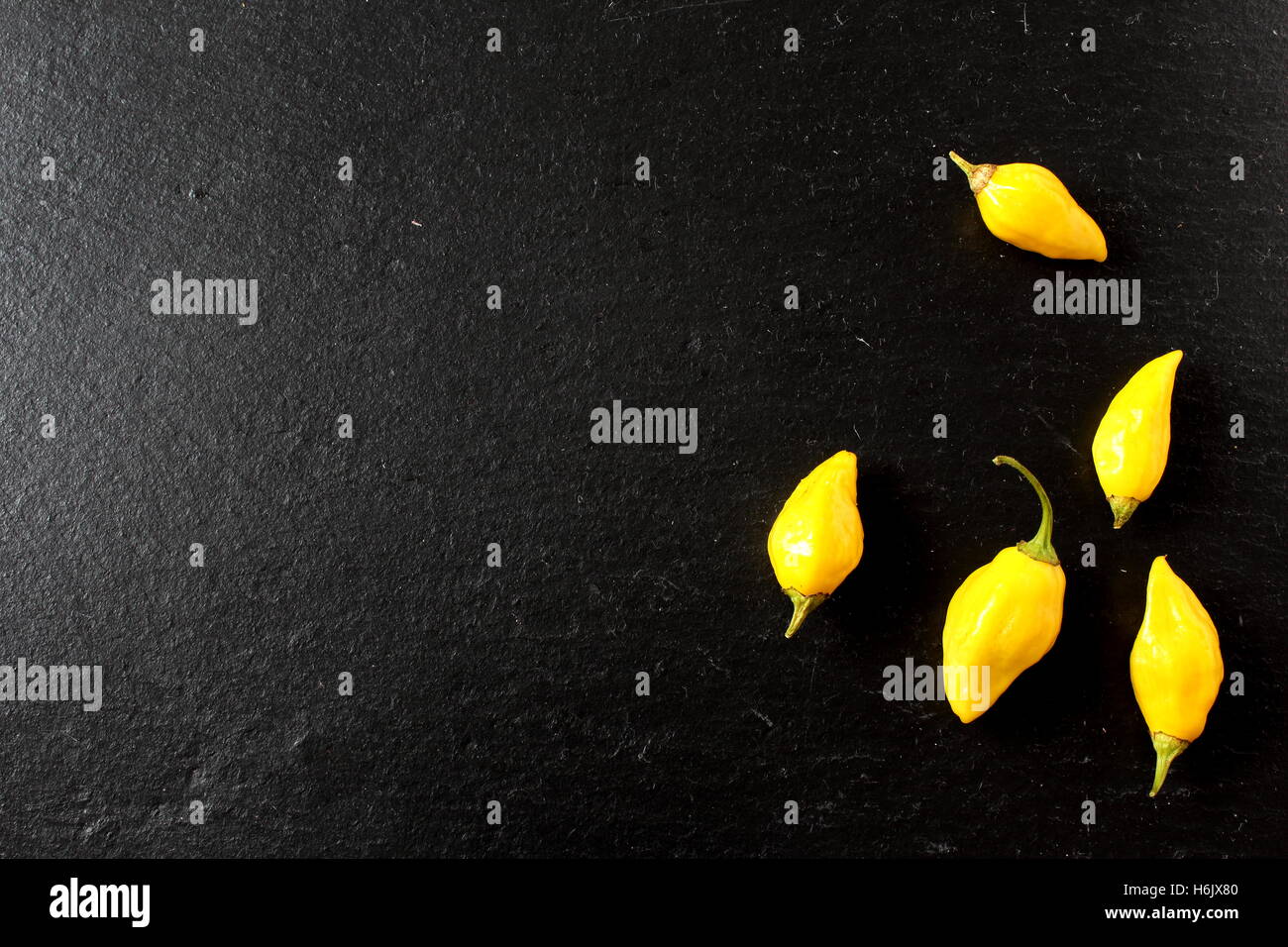 Chili Peppers ghost jaune sur une plaque en ardoise Banque D'Images
