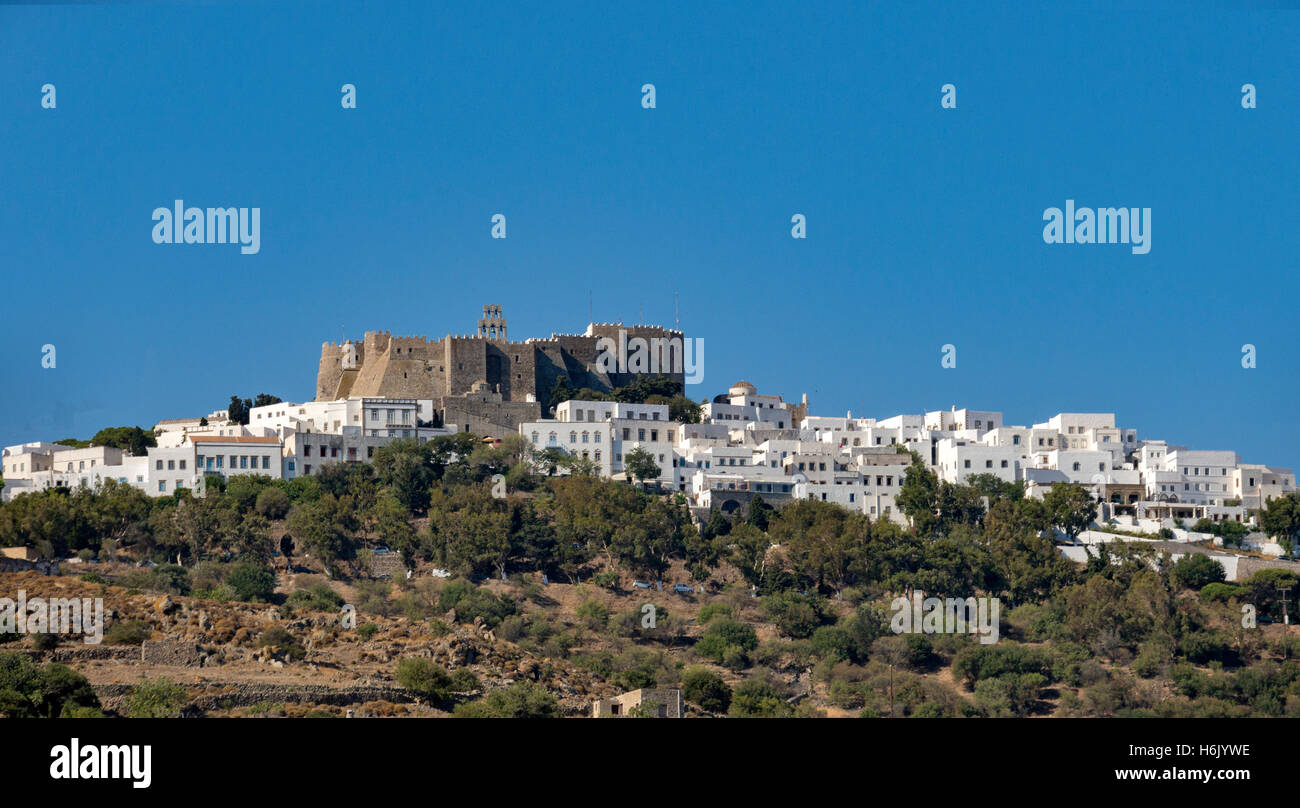 Vue panoramique du monastère Saint Jean l'île de Patmos Dodécanèse, Grèce Banque D'Images