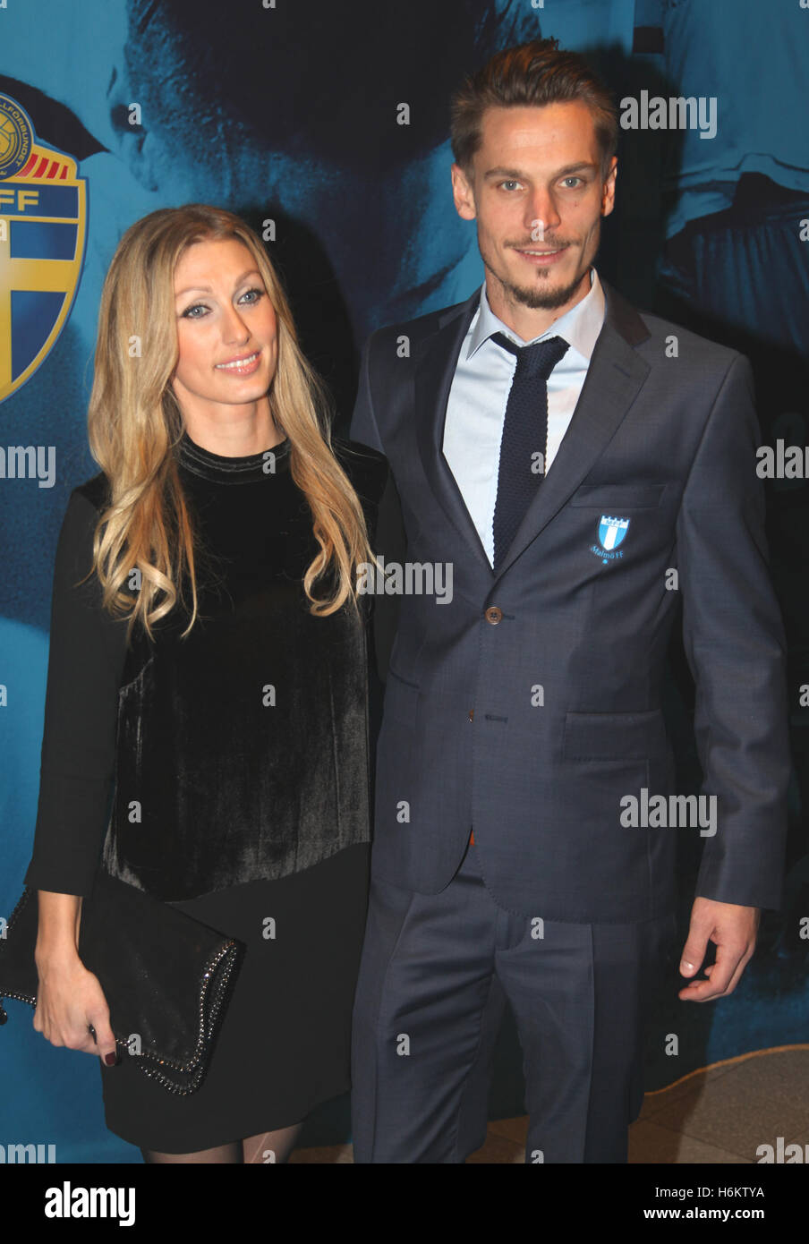 MARKUS ROSENBERG joueur de football à Malmö FF avec femme Maria au gala annuel 2014 de football suédois Banque D'Images