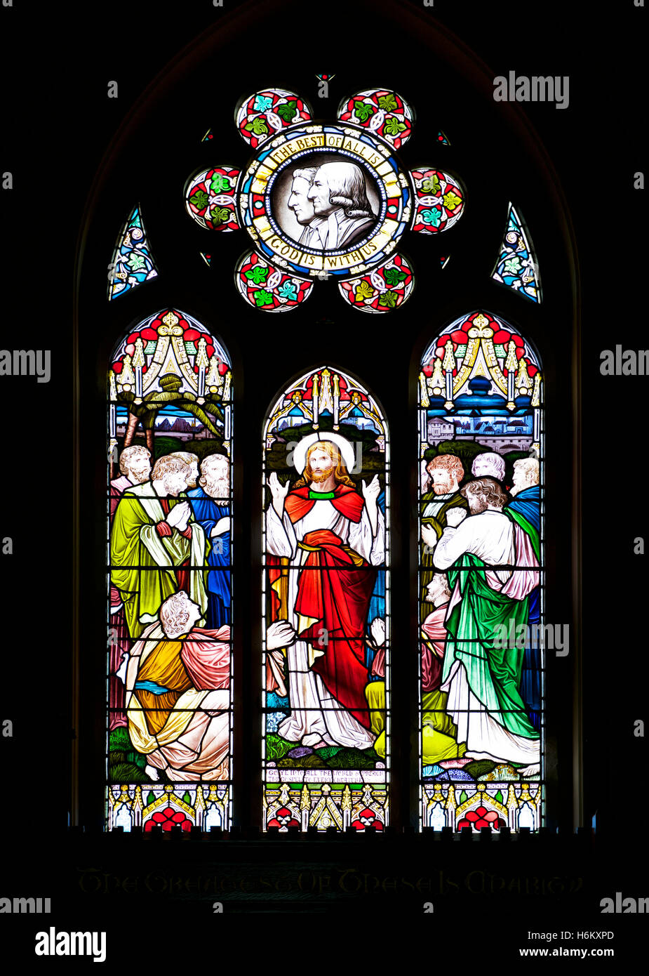 Vitrail dans la Chapelle du Souvenir, Wesley, avec John et Charles Wesley, Epworth, Nord du Lincolnshire, Angleterre Royaume-uni Banque D'Images