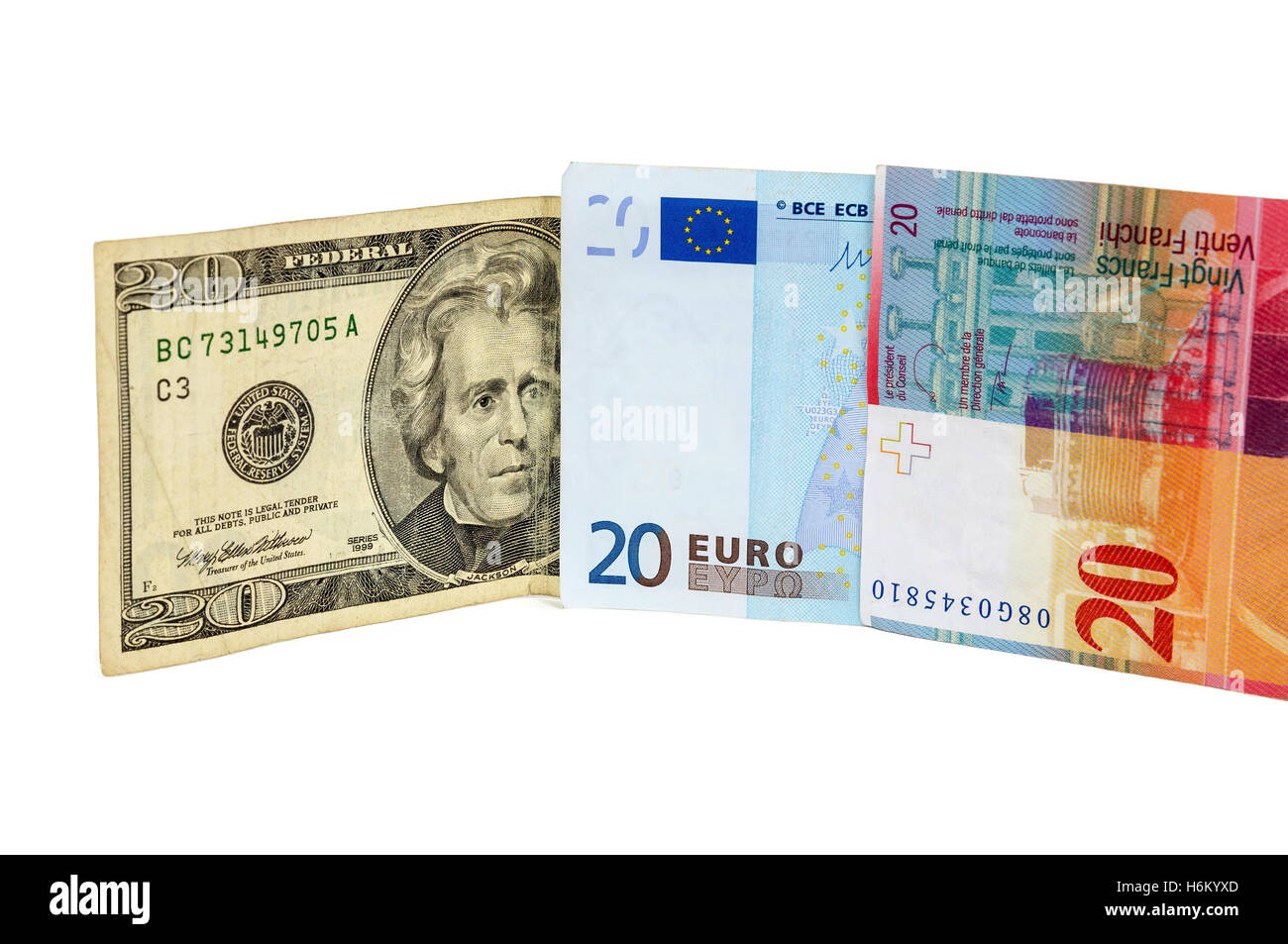 Billets de 20 dollars, euro et franc suisse isolé sur fond blanc avec clipping path Banque D'Images