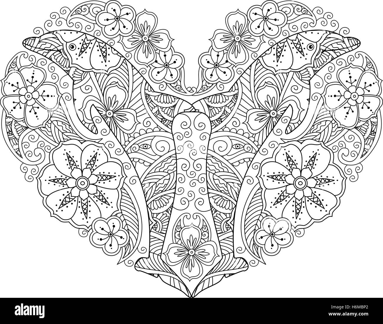 Coloriage avec dauphin en forme de coeur isolé sur fond blanc. Illustration de Vecteur
