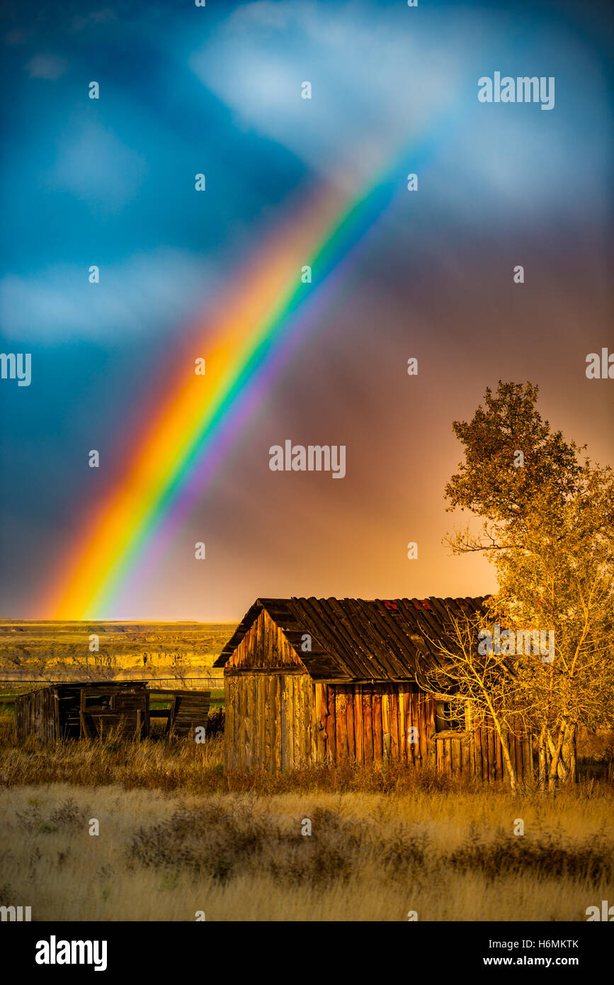 Arc-en-ciel sur les vieux bâtiments de ferme Composition verticale Banque D'Images