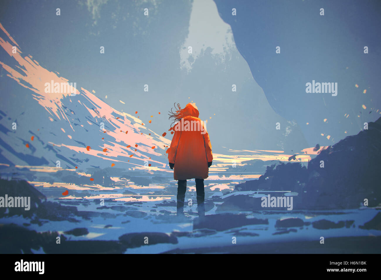 Vue arrière de la femme avec orange veste chaude debout dans paysage d'hiver,illustration peinture Banque D'Images