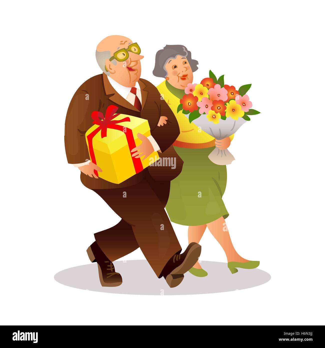 Heureux Couple âgé Avec Un Bouquet De Fleurs Et De Cadeaux