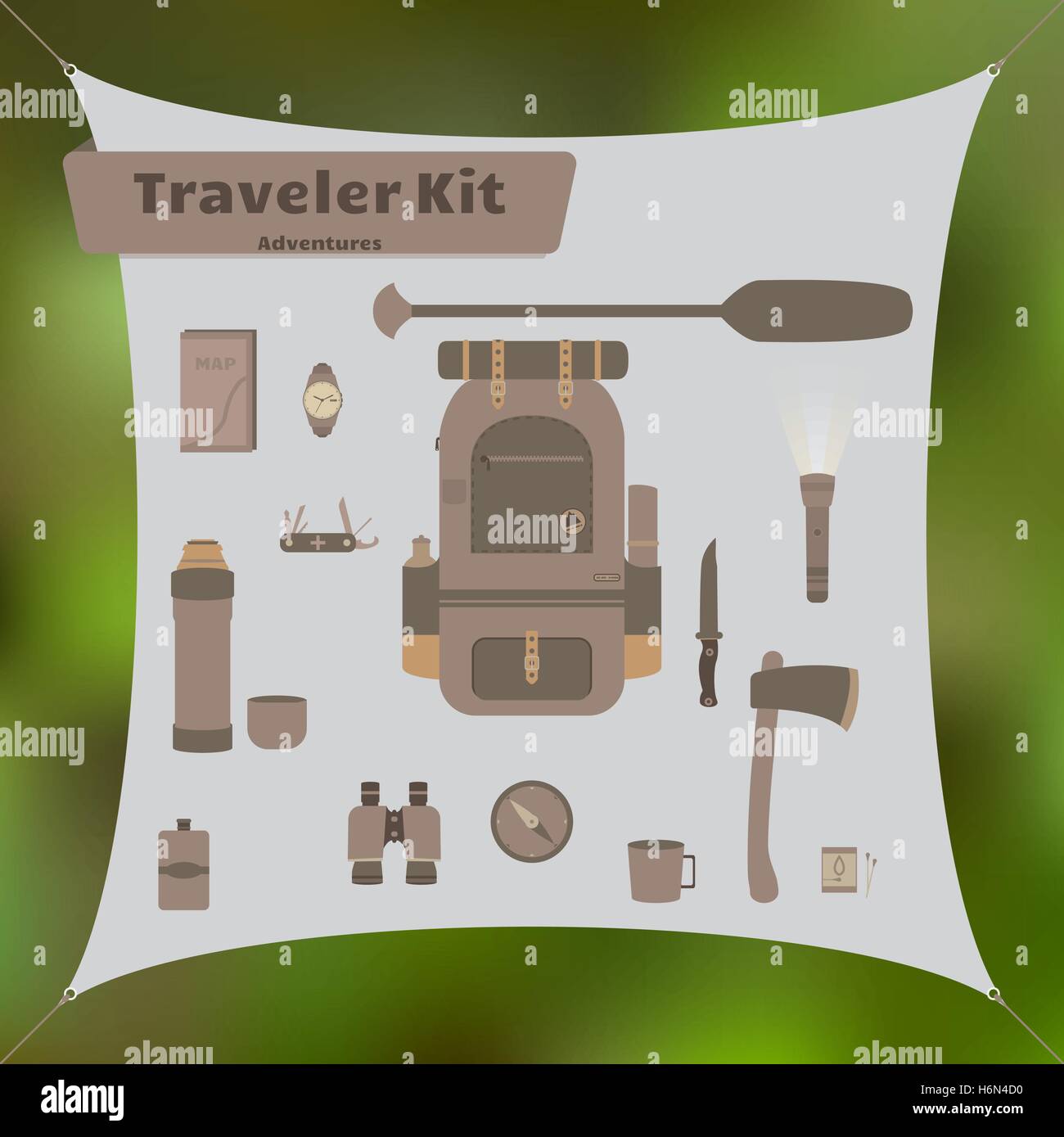Kit de voyage avec sac à dos et d'autres trucs de survie et de camping. Illustration de Vecteur