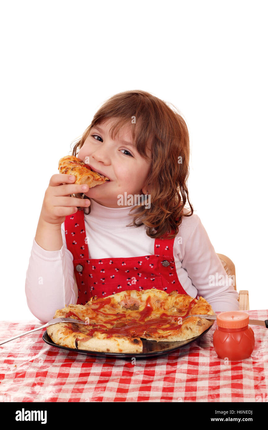 Petite fille faim manger une pizza Banque D'Images