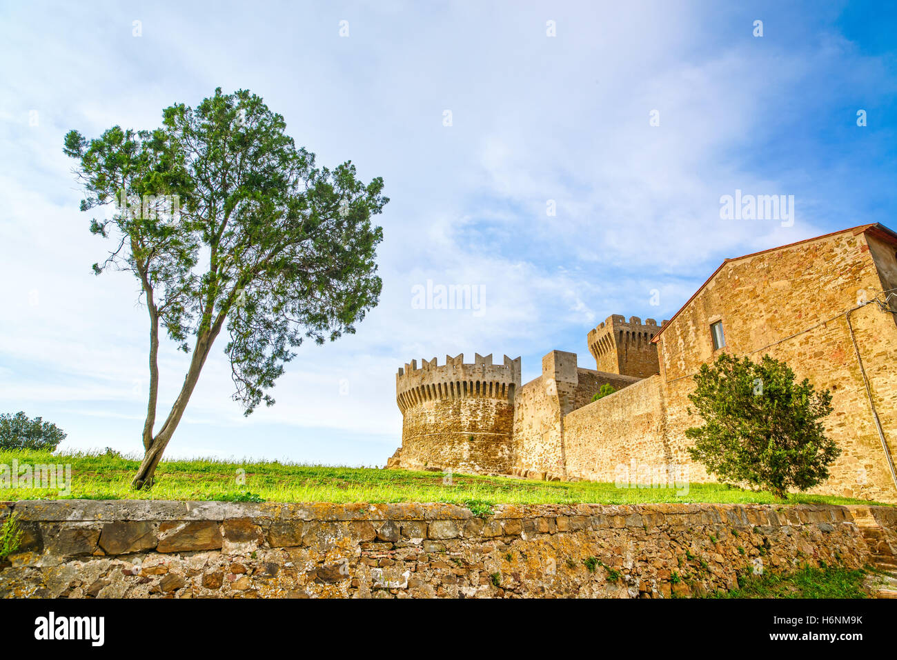 Arbre dans Populonia village médiéval monument, murs de la ville et fort d'une tour sur un arrière-plan. La toscane, italie. Banque D'Images