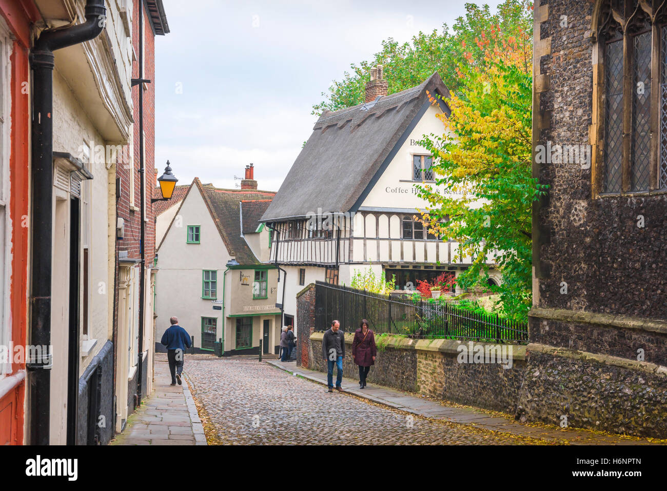 Norwich Elm Hill, vue sur les personnes marchant dans la région d'Elm Hill dans le quartier médiéval historique de la ville de Norwich, Angleterre, Royaume-Uni. Banque D'Images