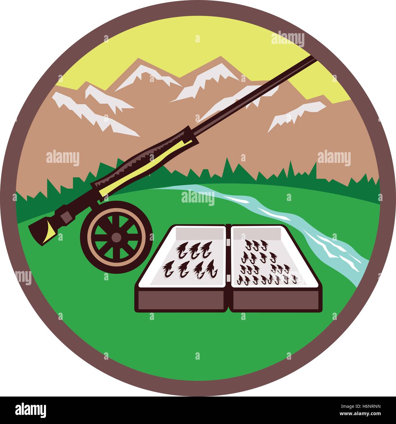 Illustration d'un fly case et rod sur jeu de roues à l'intérieur du cercle avec des montagnes, herbe, arbres et rivière dans l'arrière-plan fait en style rétro. Illustration de Vecteur