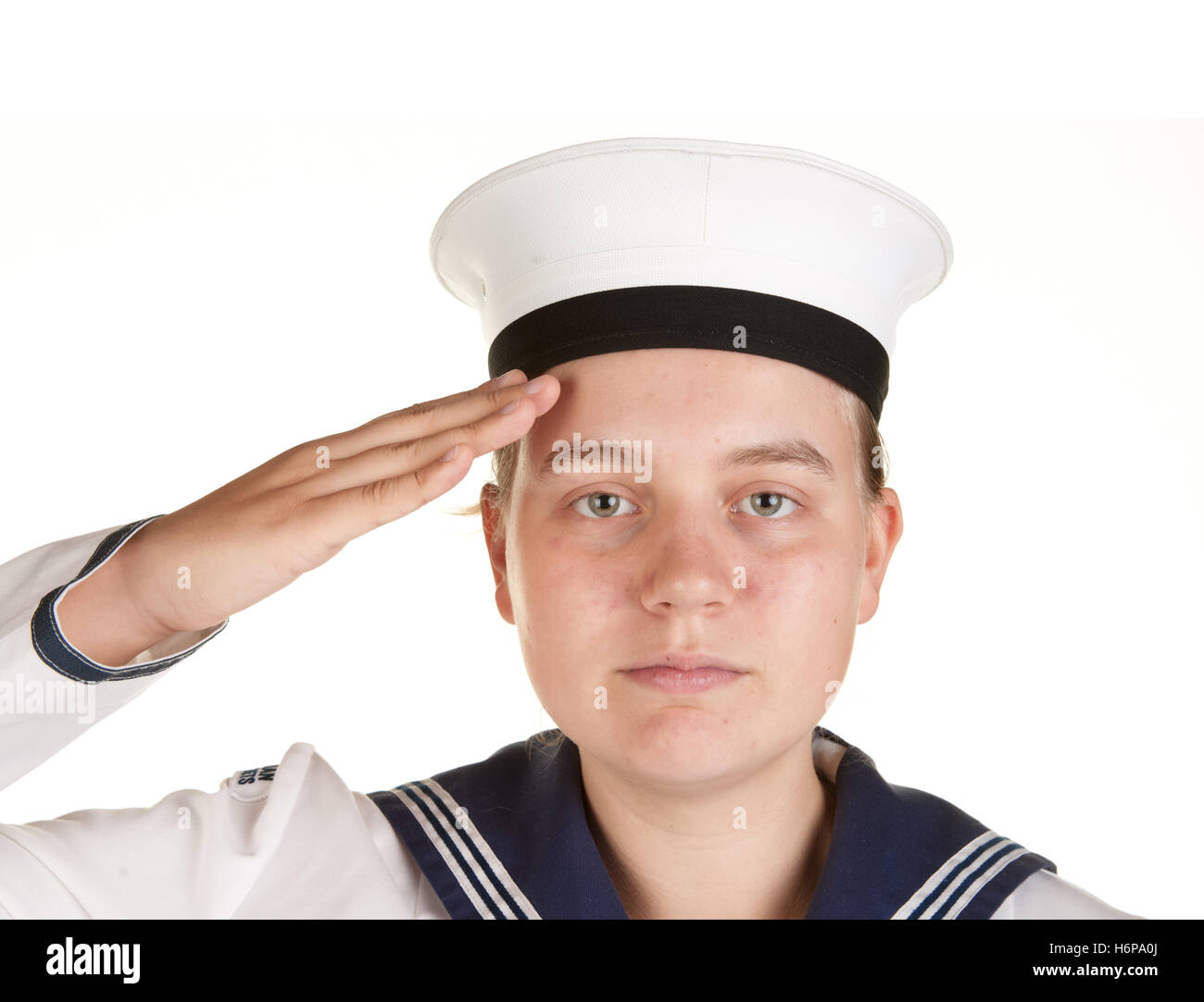 Isolées de l'adolescence féminine femme personne marine honneur honneur  respect uniforme militaire de la défense La défense maritime matelot  adolescent salute Photo Stock - Alamy