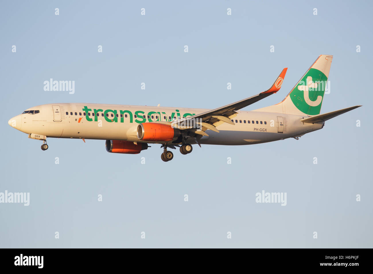 SCHIPHOL, AMSTERDAM, Pays-Bas - Mai 1, 2016 : Boeing 737 de la compagnie aérienne Transavia à l'atterrissage à l'aéroport international de Schiphol. Banque D'Images