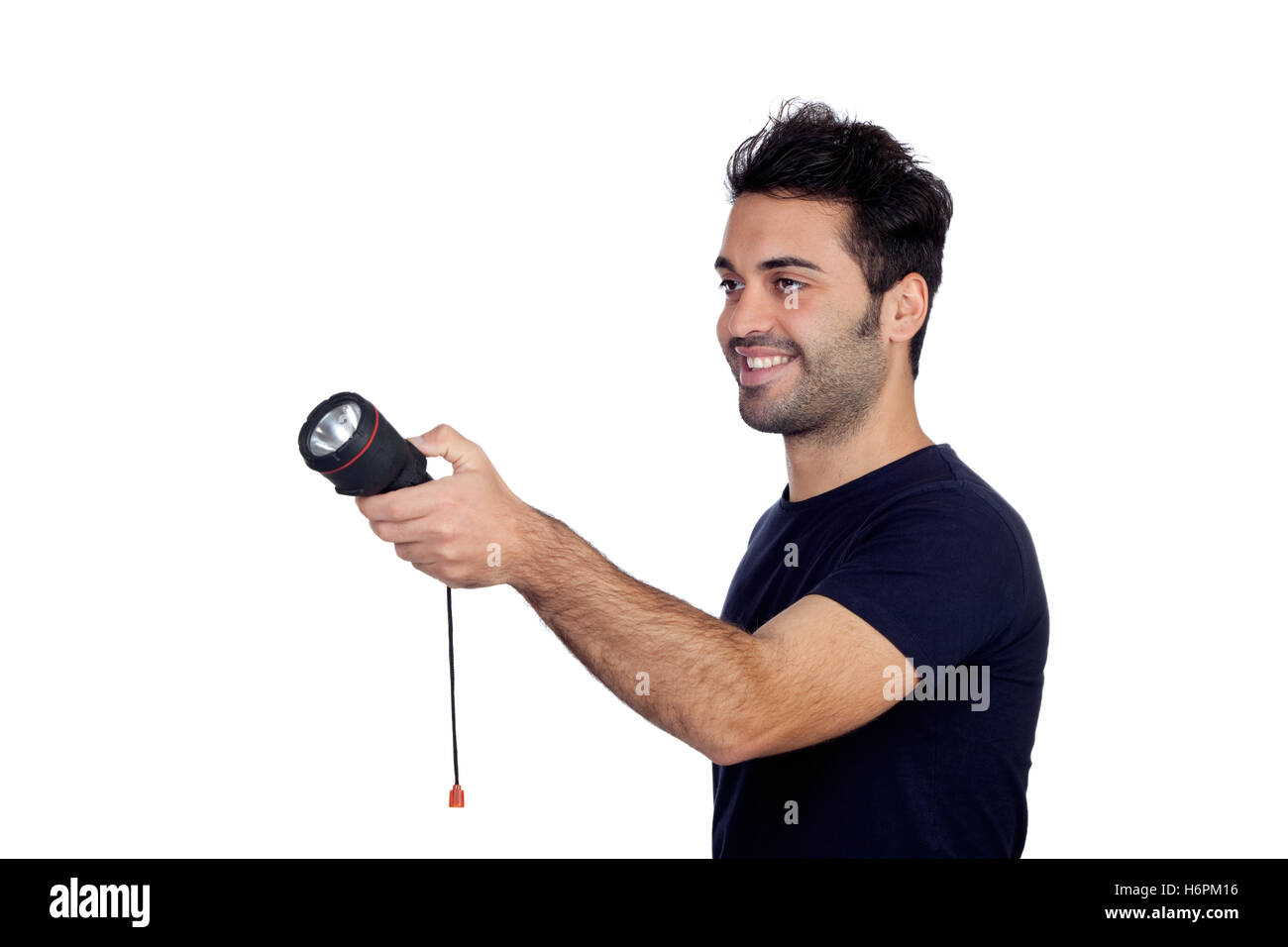 Beaux hommes en noir avec une lampe de poche à la recherche de quelque chose sur fond blanc Banque D'Images