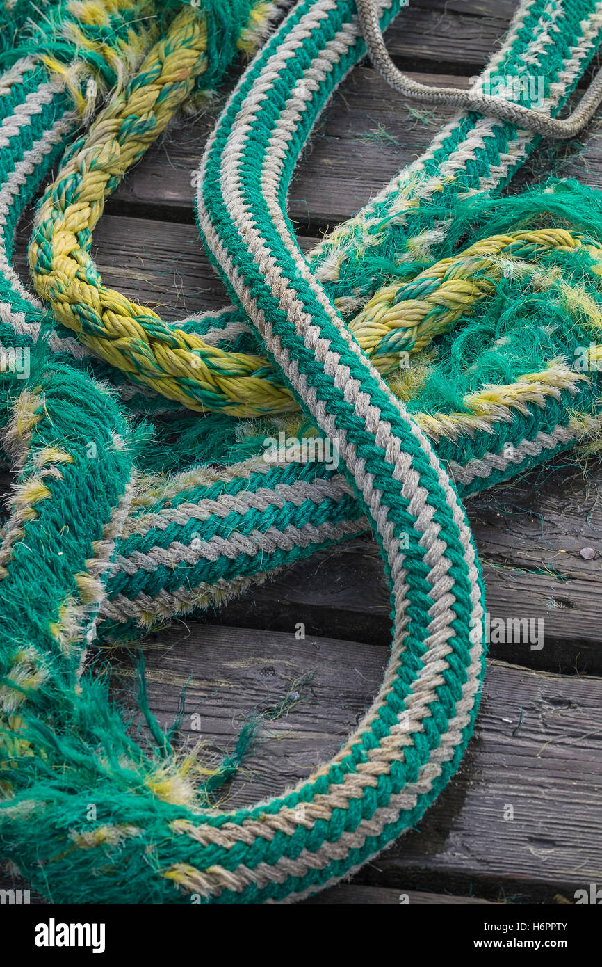 Une vue étroite d'un livre vert et blanc corde sur un quai en bois. Banque D'Images