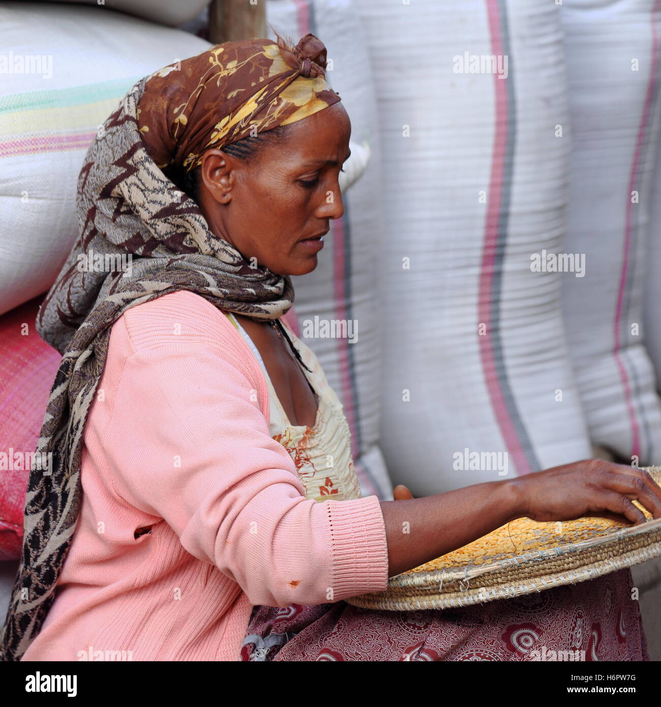 MEKELE, Ethiopie-MARS 29 : femme Tigrayan riz cru sélectionne sur un plateau en osier assis parmi les sacs à l'entrée de sa boutique-atelier. Banque D'Images