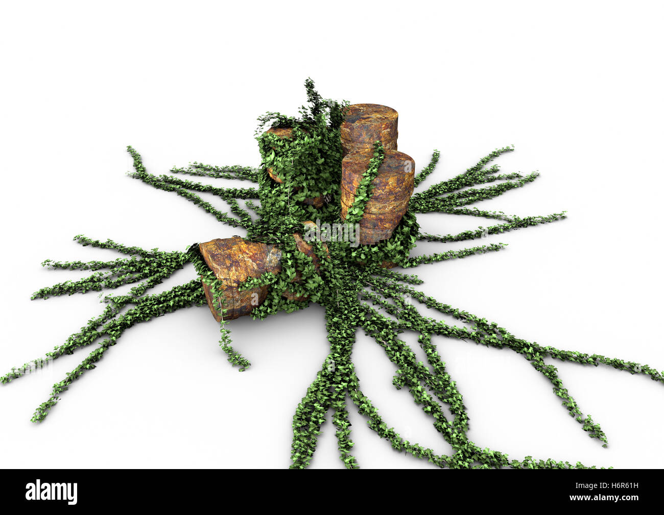 Rusty industrie huile obsolètes nature feuille de lierre tambour modèle projet de design concept plan projet Direction générale de l'industrie des idées vieux baril rouillé Banque D'Images