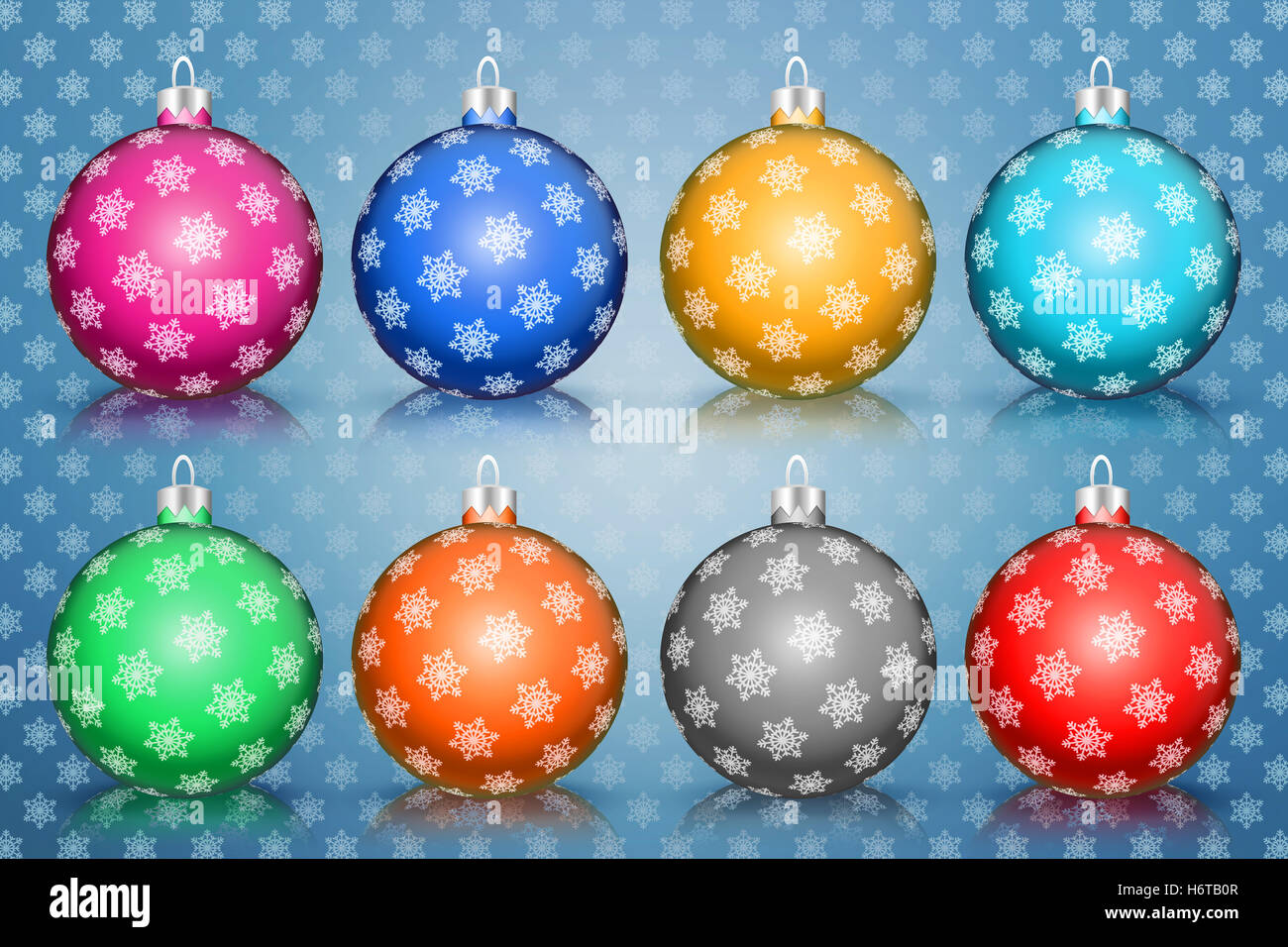 Jeu de boules multicolores avec Motif flocon pour fêtes de Noël et du Nouvel An. 3D illustration. Banque D'Images