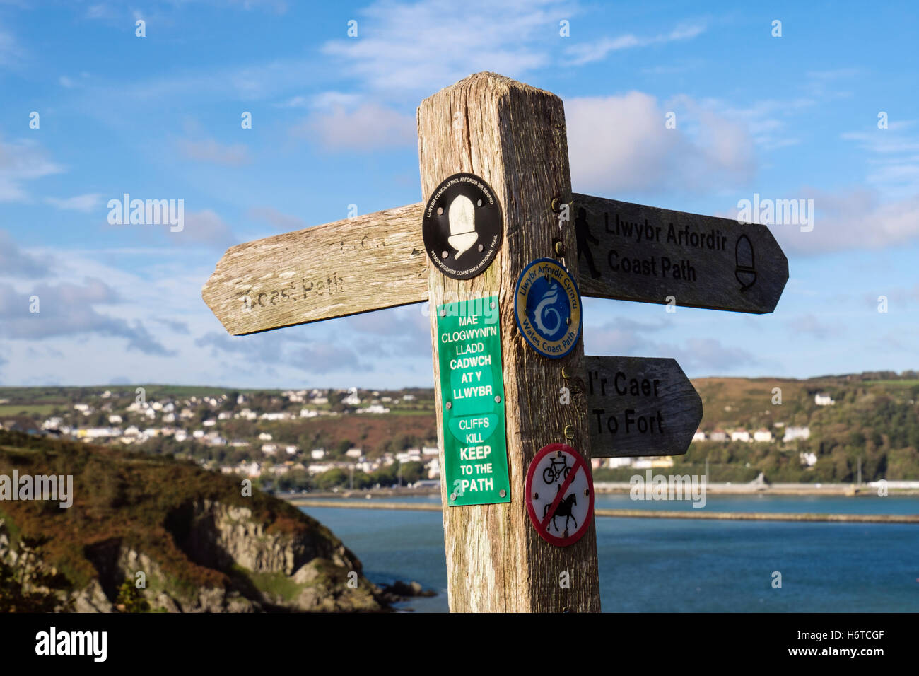 Pembrokeshire Coast National bilingue Chemin Sentier panneau avec le logo d'acorn. Pembrokeshire Wales UK Royaume-Uni Fishguard Banque D'Images