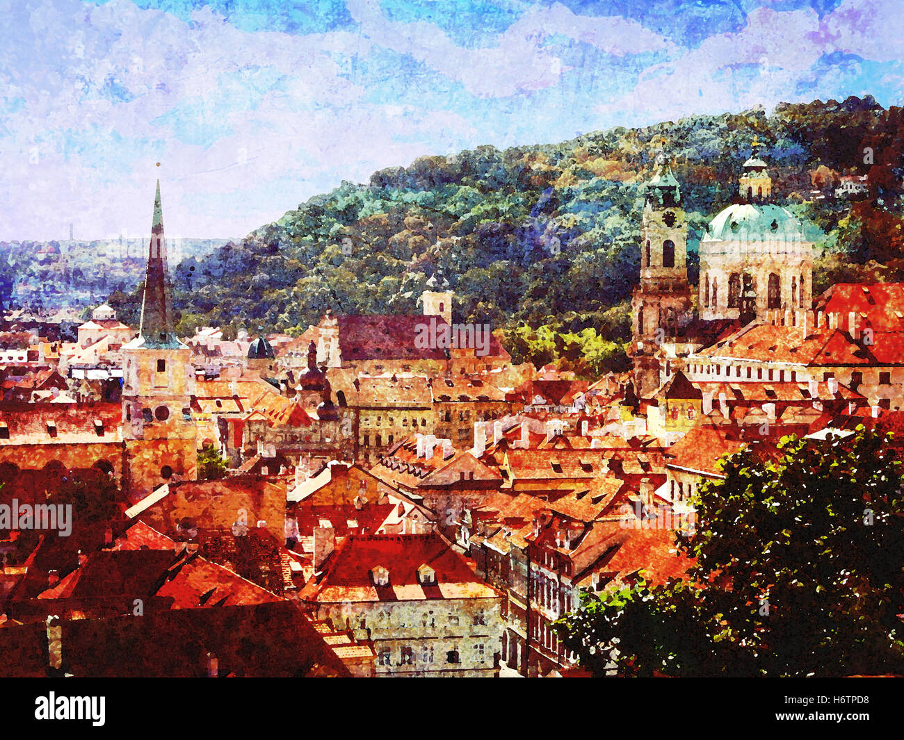 Des toits de la vieille ville de Prague, République tchèque. Vintage, effet de texture en détresse Banque D'Images