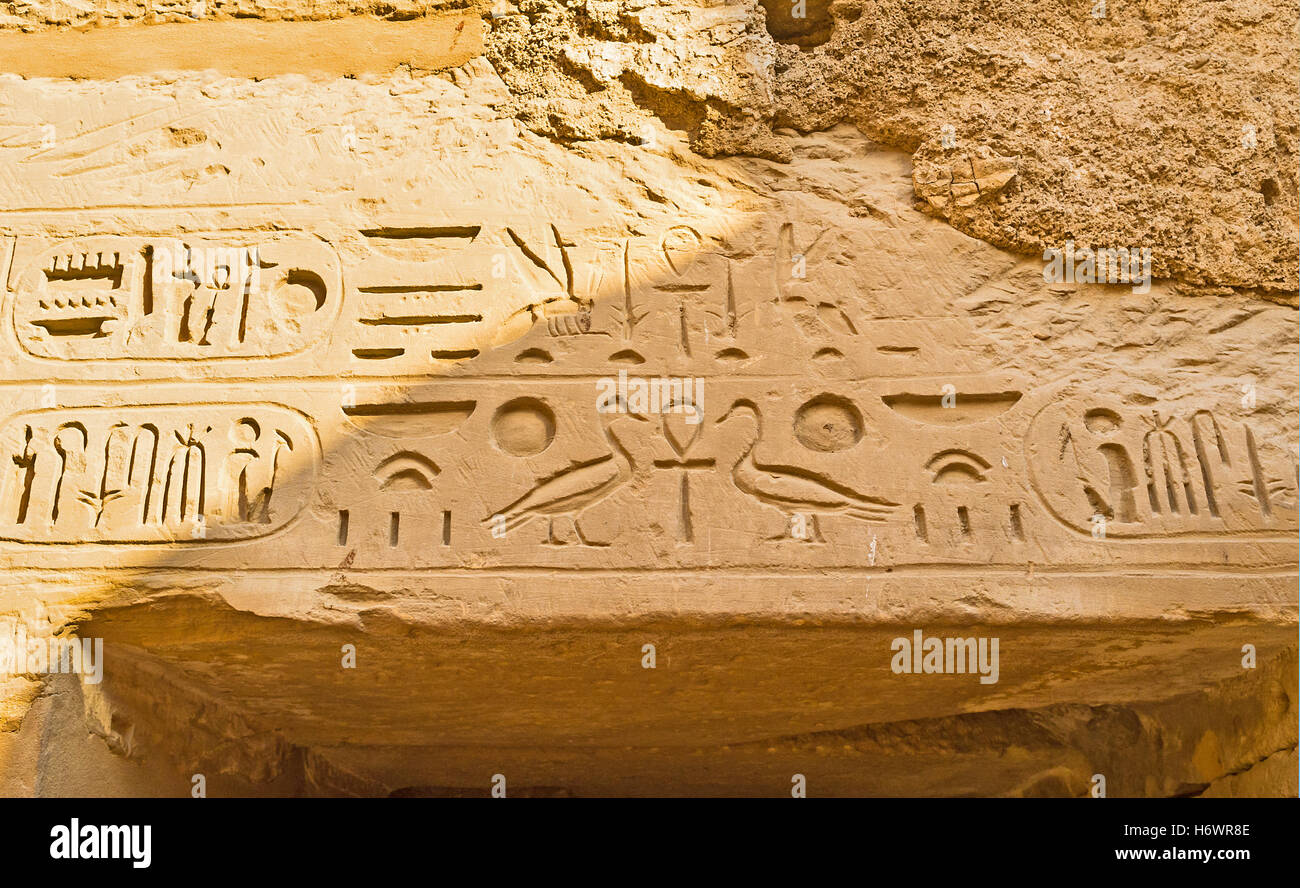 Les anciens hiéroglyphes sur la porte de Temple de Ramsès III, : Ankh (croix égyptienne), des oies, des moustiques, Temple de Karnak Banque D'Images