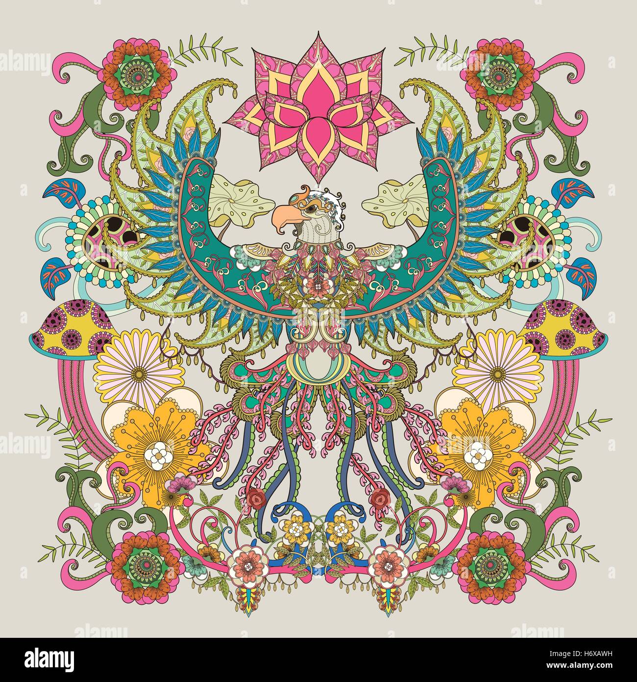Aigle majestueux coloriage adultes, open wings eagle avec éléments de décoration florale Illustration de Vecteur