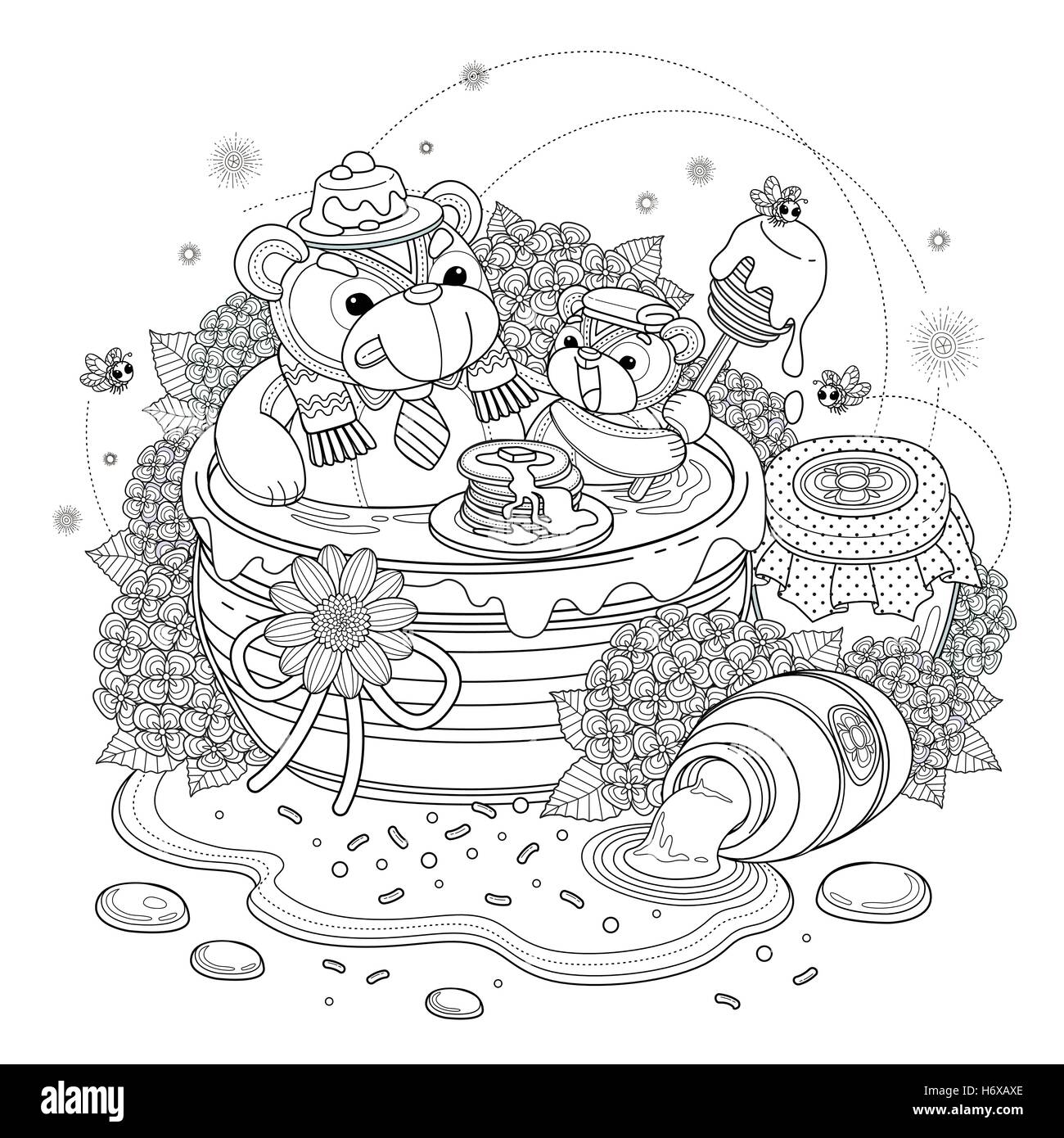 Joli coloriage adultes ours, ours miel bénéficiant, hydrangea et miel éléments jar Illustration de Vecteur