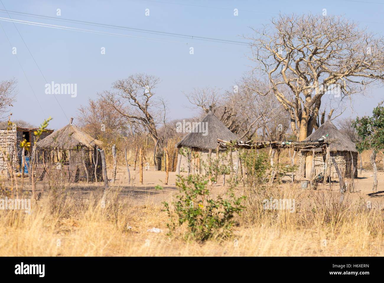 La boue et paille cabane en bois avec un toit de chaume dans la brousse. Village local dans les régions rurales de Caprivi, la région la plus peuplée de Banque D'Images