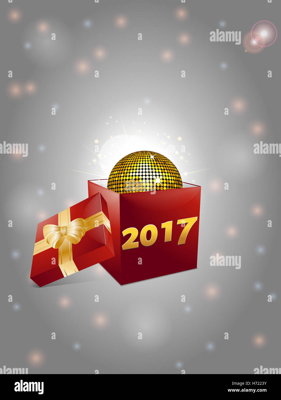 3D rouge 2017 boîte cadeau avec ruban d'or et d'arc et la boule disco qui sortent de l'intérieur sur fond lumineux de fête Banque D'Images