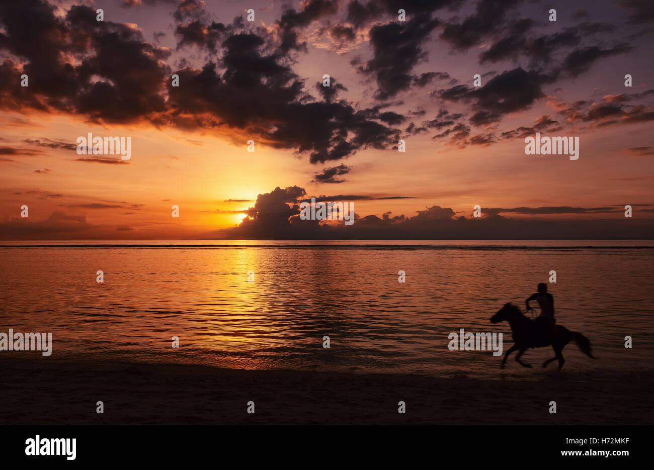 Silhouette d'méconnaissable de l'équitation un cheval sur la plage au coucher du soleil magnifique. Banque D'Images