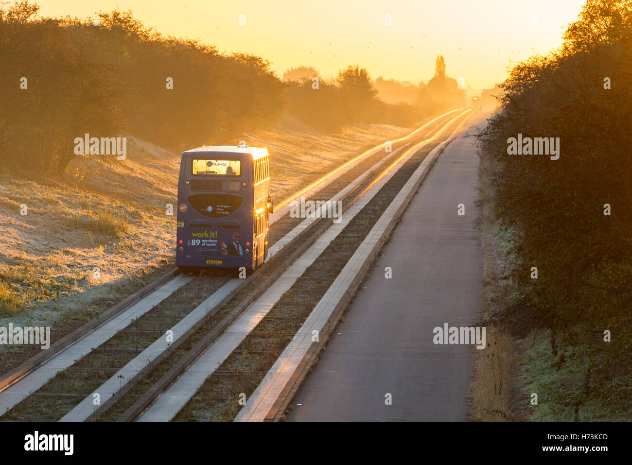 Plus de Cambridgeshire, Royaume-Uni, 2 novembre 2016. Une visite guidée en bus en direction de Cambridge comme le soleil se lève sur les pistes d'un clair et net, frosty matin d'automne. L'air clair et première gelée d'automne dans l'Est de l'UK jeter une lumière dorée sur le trajet du matin. Julian crédit Eales/Alamy Live News Banque D'Images