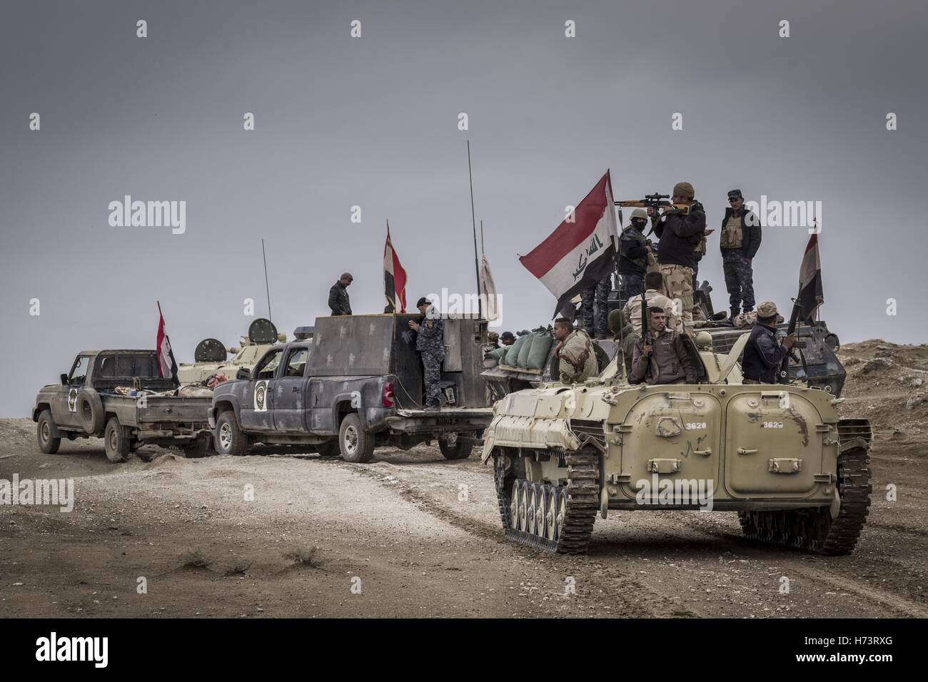 Mossoul, Irak. 2 novembre, 2016. Le gouvernorat de Ninive, de l'Iraq. 2e Nov, 2016. Les soldats de l'armée irakiennes entrent à Mossoul. Credit : Bertalan Feher/ZUMA/Alamy Fil Live News Banque D'Images