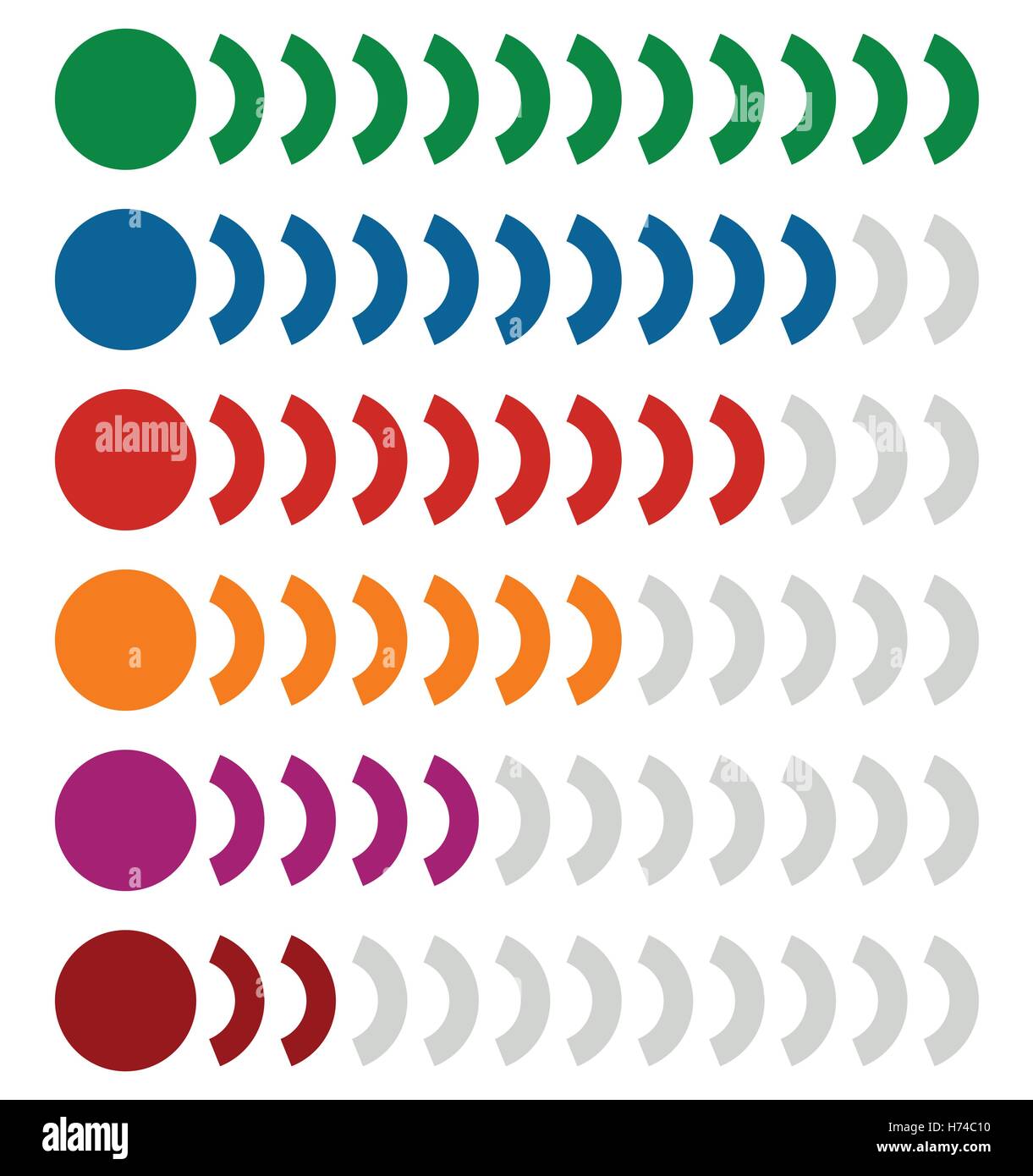 Les indicateurs de niveau de progression horizontale, dans l'ordre - indicateurs de progrès isolated on white Illustration de Vecteur