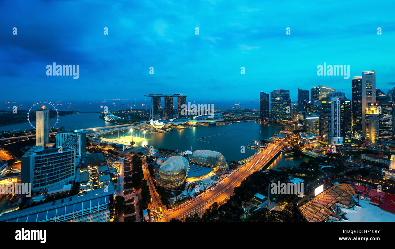 Vue aérienne du quartier des affaires de Singapour et de la ville de nuit à Singapour, en Asie. Banque D'Images