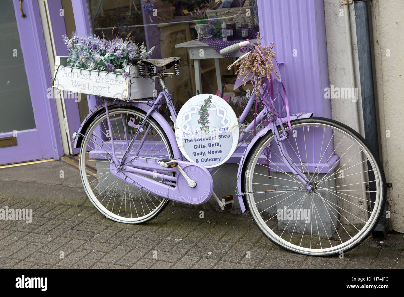 La Boutique Sign lavande en vélo, Westport, Irlande, Banque D'Images