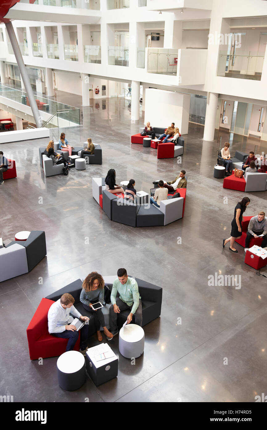 Étudiants assis dans l'atrium de l'université, vertical Banque D'Images