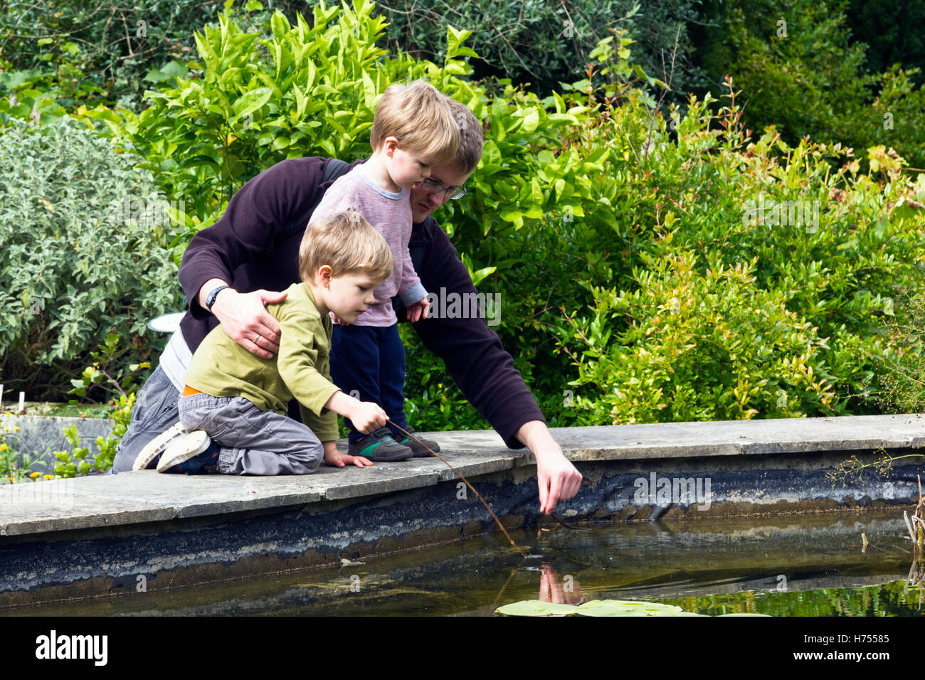 Père et fils à la recherche dans un étang Banque D'Images