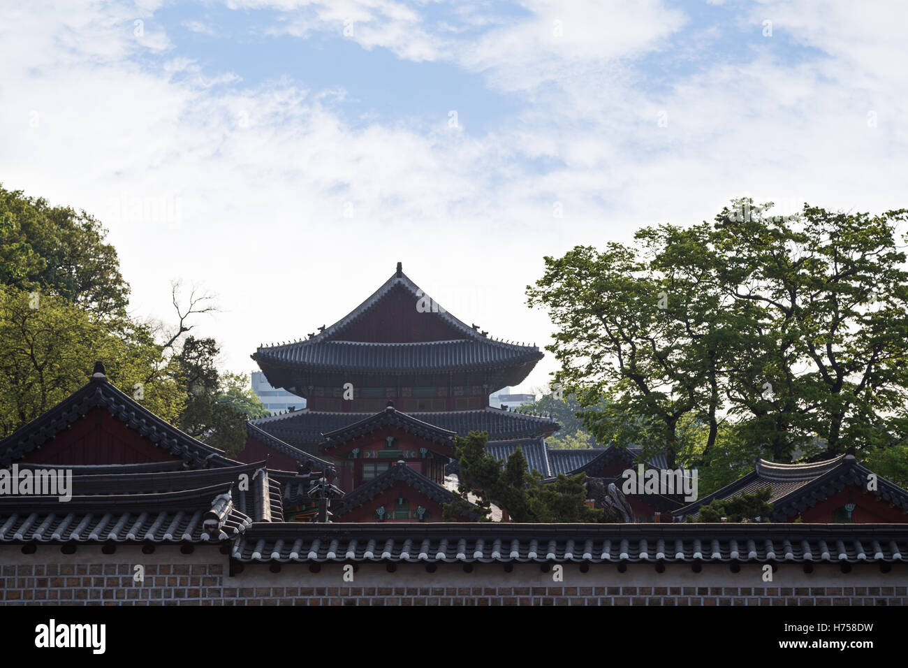 Vue sur les toits des bâtiments au Palais Changdeokgung derrière un mur à Séoul, Corée du Sud. Copier l'espace. Banque D'Images Vue sur les toits des bâtiments au Palais Changdeokgung derrière un mur à Séoul, Corée du Sud. Copier l'espace. Banque D'Images