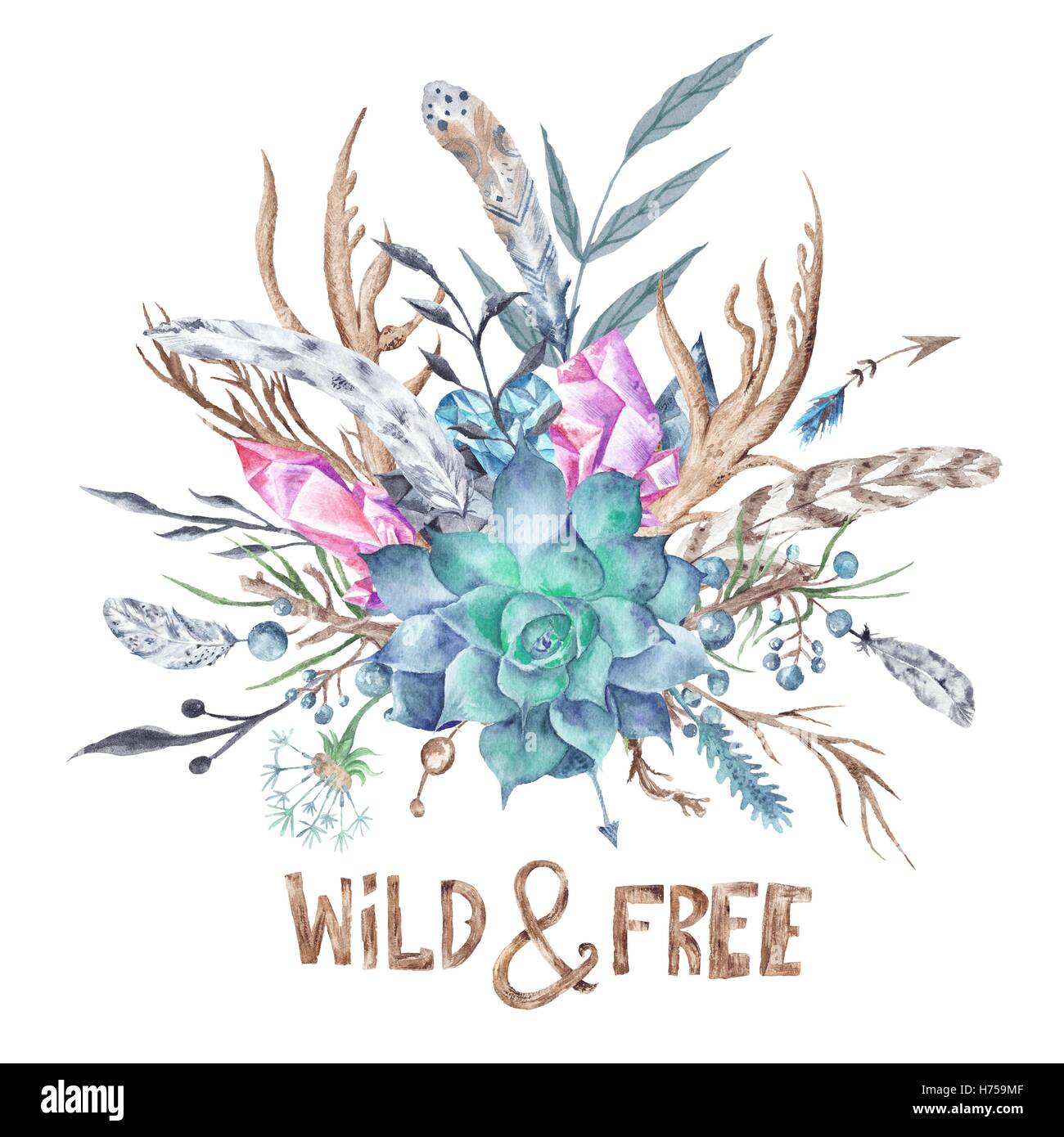 Peint à la main créative de style tribal imprimer avec de succulents, plumes et cristaux sur fond blanc Banque D'Images