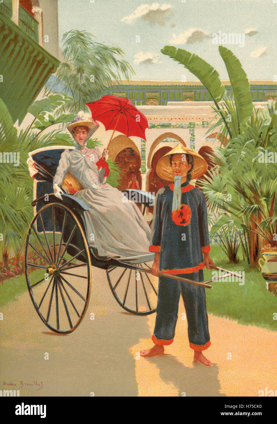 Femme de Paris sur un rickshow, Illustration pour l'Exposition Universelle 1889 Banque D'Images