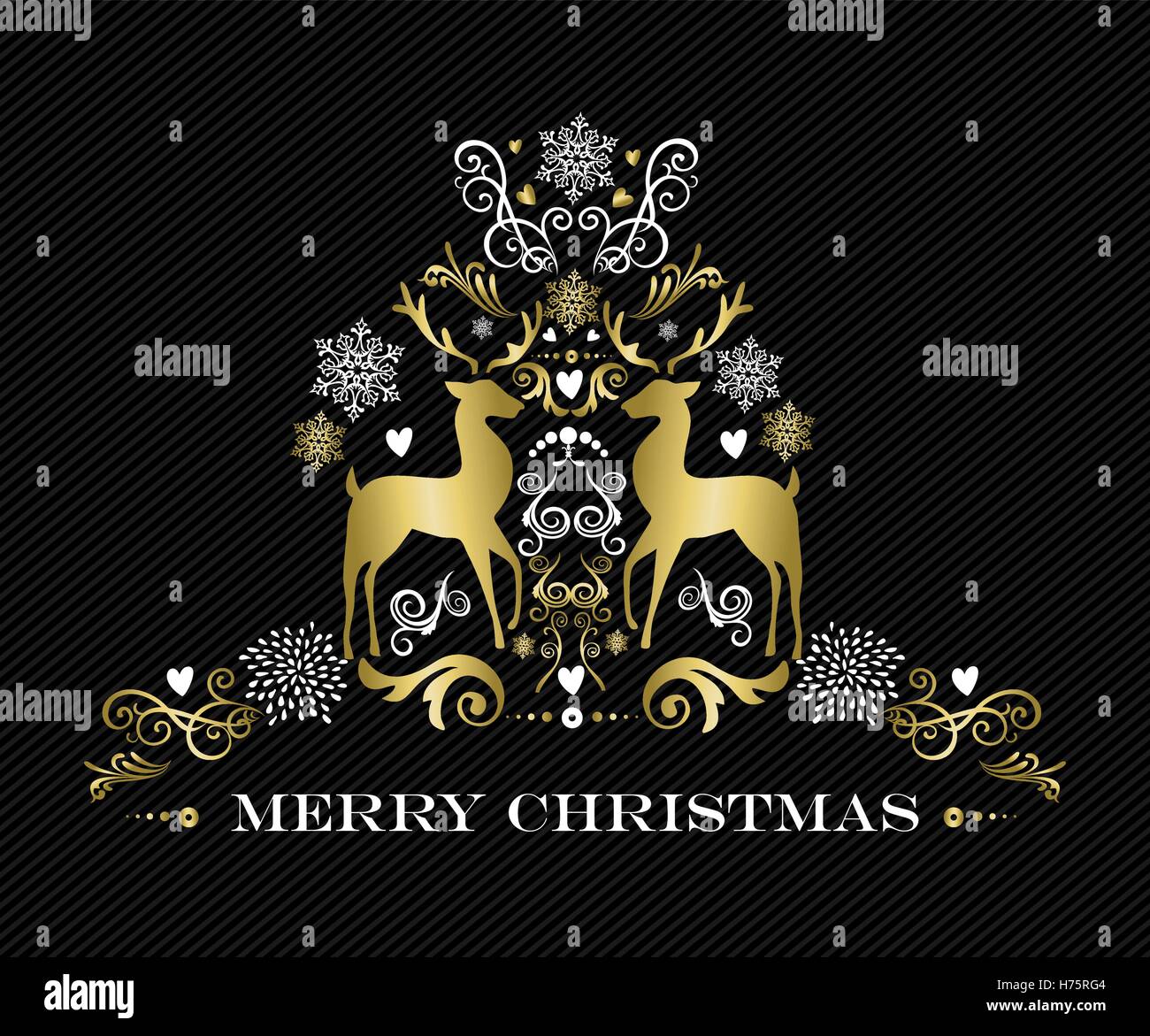 Joyeux Noël, renne d'or carte illustration art ornement vacances d'hiver avec des éléments de décoration. Vecteur EPS10. Illustration de Vecteur