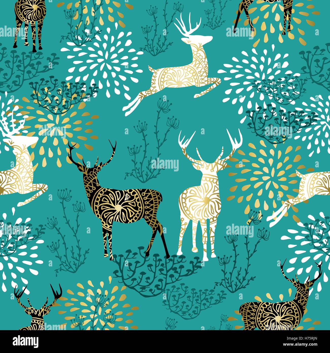 Transparente avec motif de noël renne d'or et décoration nature style Boho sur fond bleu. Vecteur EPS10. Illustration de Vecteur