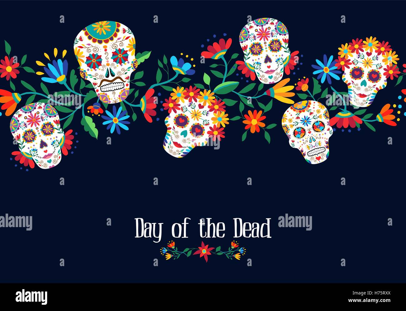 Le Jour des morts mexicain traditionnel avec illustration et décoration crânes floral background. Vecteur EPS10. Illustration de Vecteur