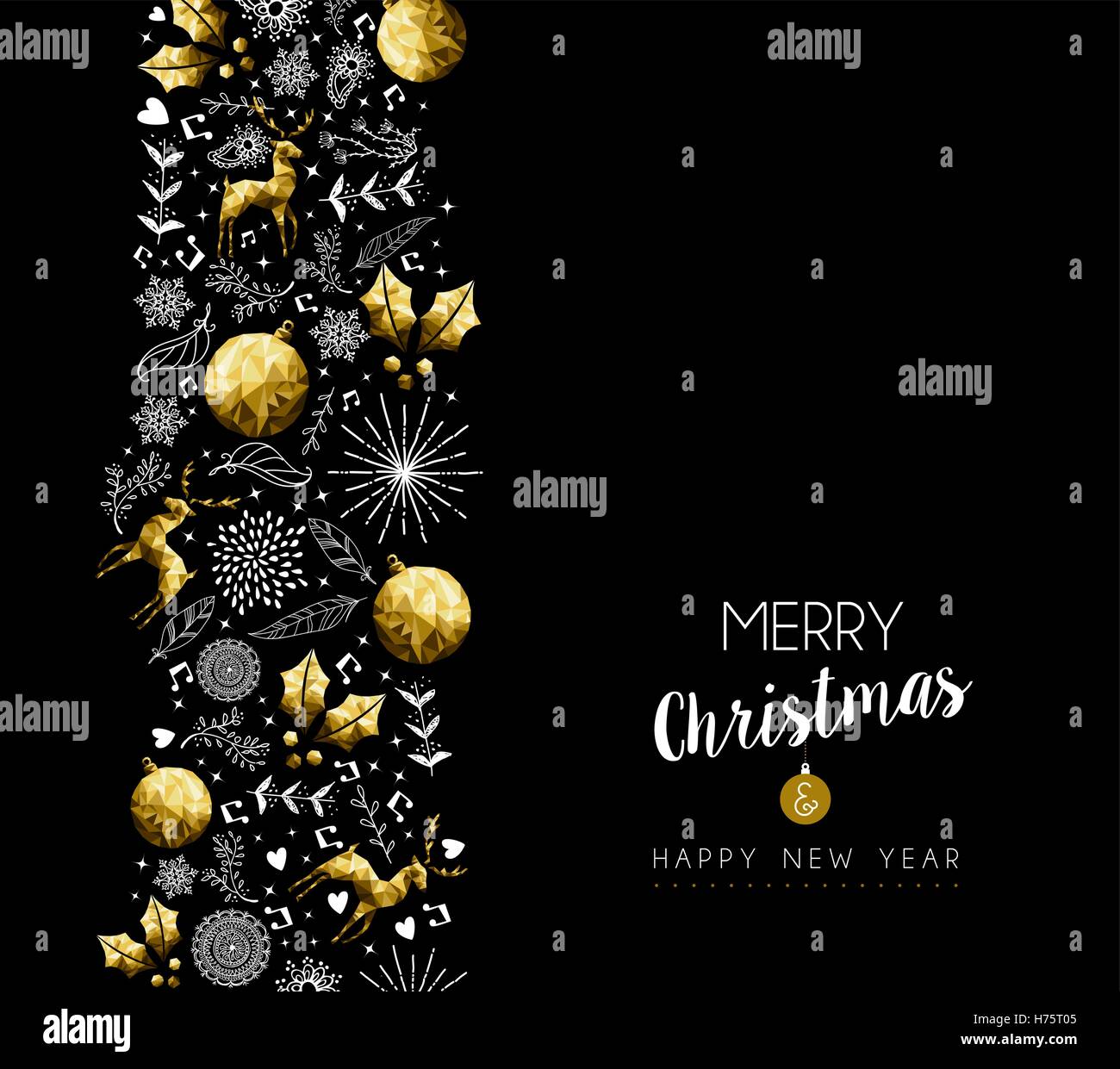 Joyeux Noël Bonne Année bas motif or poly décoration avec le cerf, de la nature et de l'ornements de vacances. Vecteur EPS10. Illustration de Vecteur