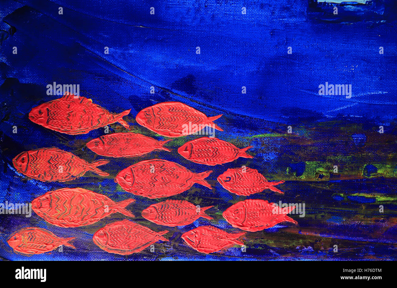 Art abstrait peinture avec poisson rouge sur fond de toile bleue Banque D'Images